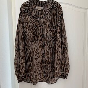 Michael Kors Leopard Camp Shirt Metallic Beaded Collar Button Up Animal‎ Print